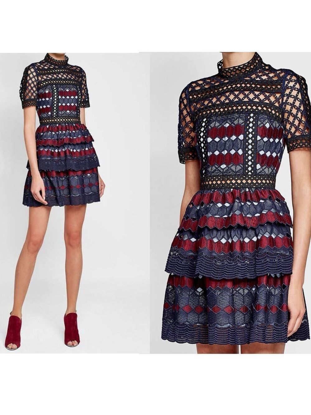 Self-Portrait Hexagon Lace Mini Dress short sleeve high neck ruffle frill 4 NWOT